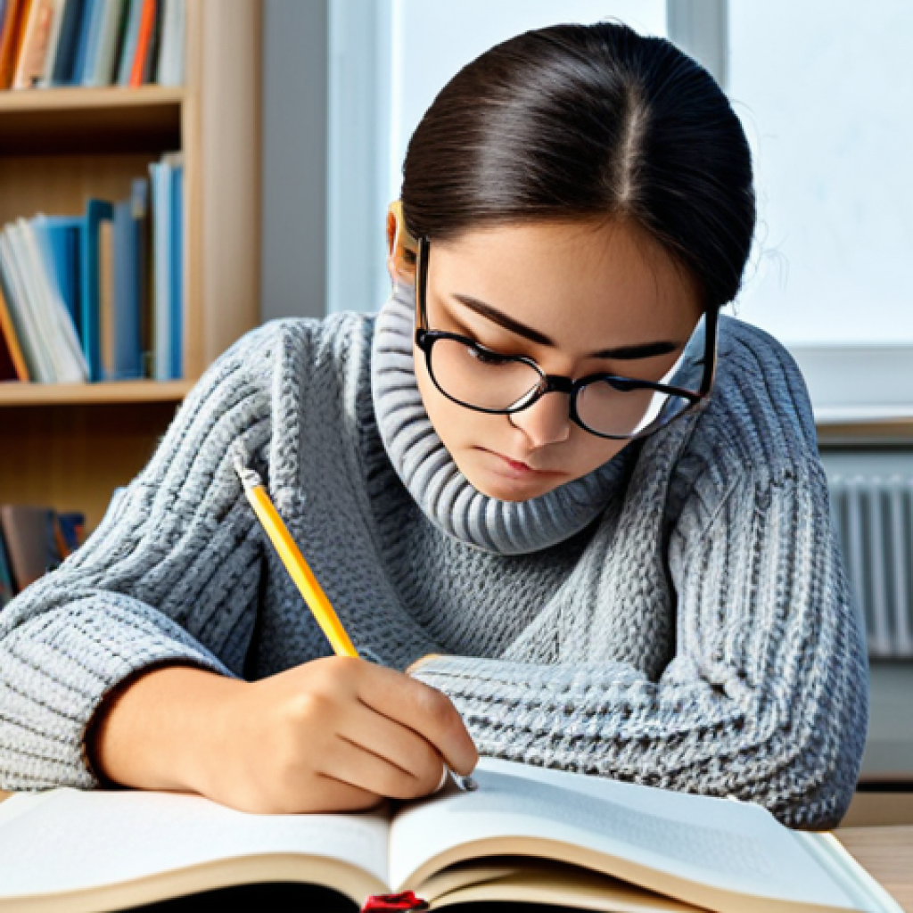 **

"A focused student wearing glasses, studying diligently at a well-lit desk filled with textbooks and notes. The room is tidy and organized. She is fully clothed in a modest sweater and comfortable pants. Bookshelves are visible in the background, filled with learning materials. The image emphasizes concentration and hard work. Safe for work, appropriate content, professional, academic setting, perfect anatomy, natural proportions, well-formed hands, proper finger count."

**