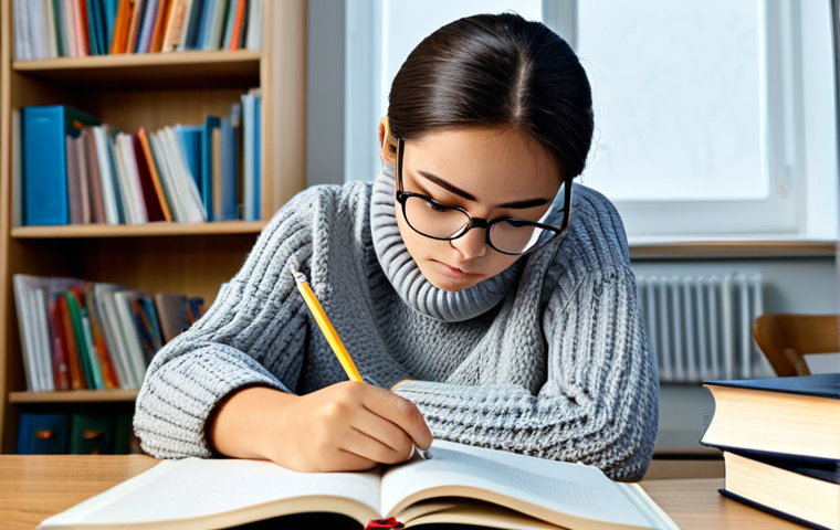 **

"A focused student wearing glasses, studying diligently at a well-lit desk filled with textbooks and notes. The room is tidy and organized. She is fully clothed in a modest sweater and comfortable pants. Bookshelves are visible in the background, filled with learning materials. The image emphasizes concentration and hard work. Safe for work, appropriate content, professional, academic setting, perfect anatomy, natural proportions, well-formed hands, proper finger count."

**