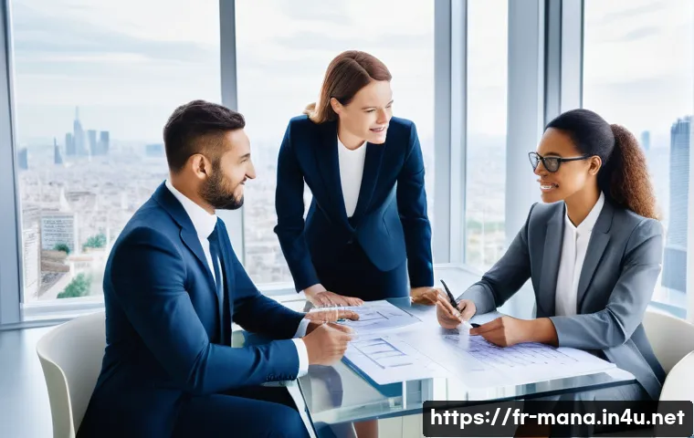 경영지도사와 경영 전환 컨설팅 사례 - **Prompt:** A diverse group of four French business professionals, two men and two women in their 30...
