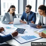 경영지도사 필기시험에서 자주 출제되는 문제 - A professional office scene featuring a diverse group of business people analyzing financial documen...