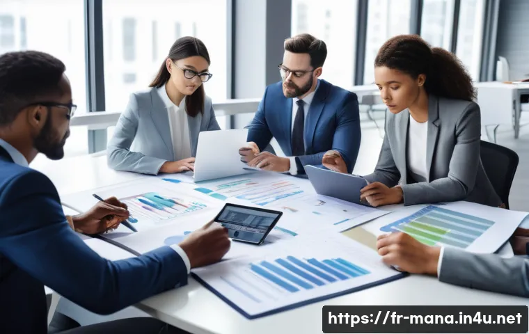 경영지도사 필기시험에서 자주 출제되는 문제 - A professional office scene featuring a diverse group of business people analyzing financial documen...