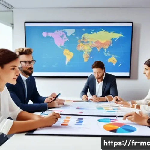 경영지도사와 경영 전략 분석 - A modern French office environment with diverse teams of professionals collaborating around a large ...