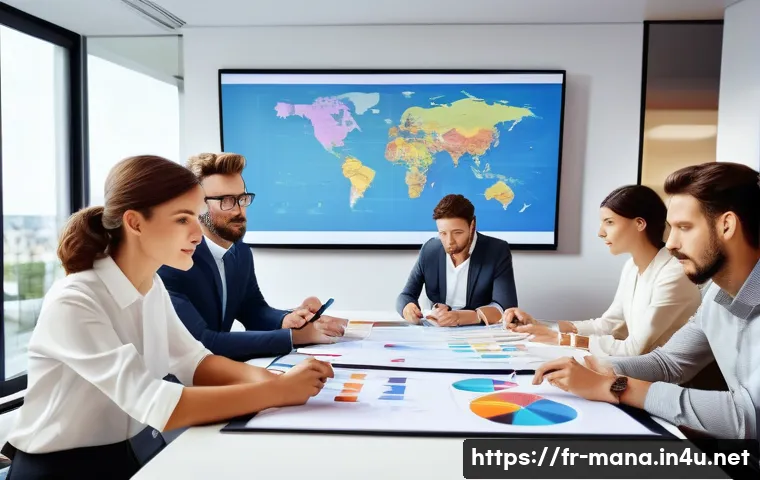 경영지도사와 경영 전략 분석 - A modern French office environment with diverse teams of professionals collaborating around a large ...