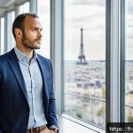경영지도사의 직업 만족도 - A modern French management consultant in a sleek, professional office environment, wearing smart bus...