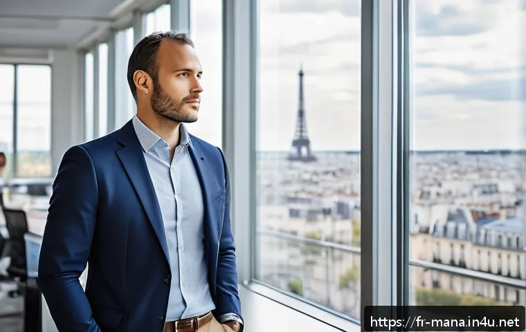 경영지도사의 직업 만족도 - A modern French management consultant in a sleek, professional office environment, wearing smart bus...