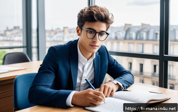 경영지도사 자격증 시험 대비 추천 도서 - A modern French study room scene featuring a young adult student sitting at a wooden desk surrounded...