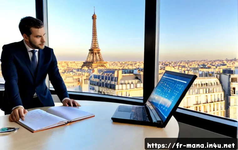 Home 17 경영지도사와 AI 기반 컨설팅 - Photorealistic French business consultant in a tailored suit collaborating with an AI analytics spec...
