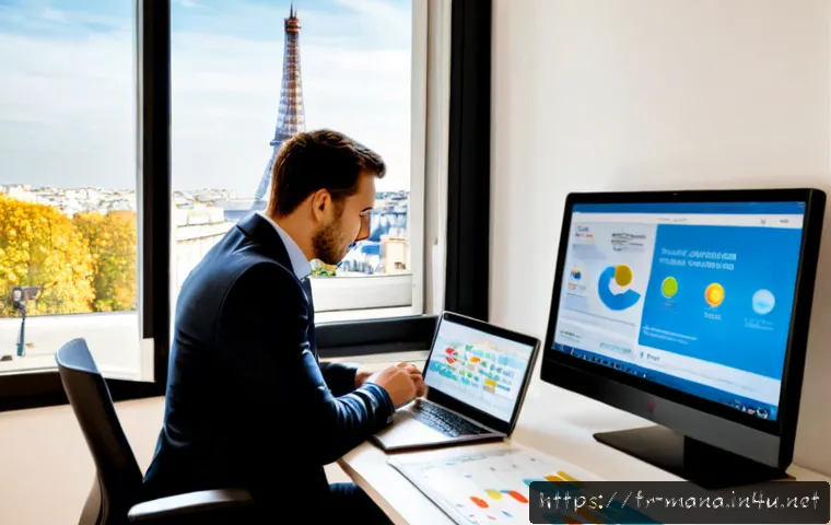 Home 17 경영지도사와 비즈니스 트렌드 예측 - Photorealistic French business consultant in a bright Parisian office, studying a clean digital tren...