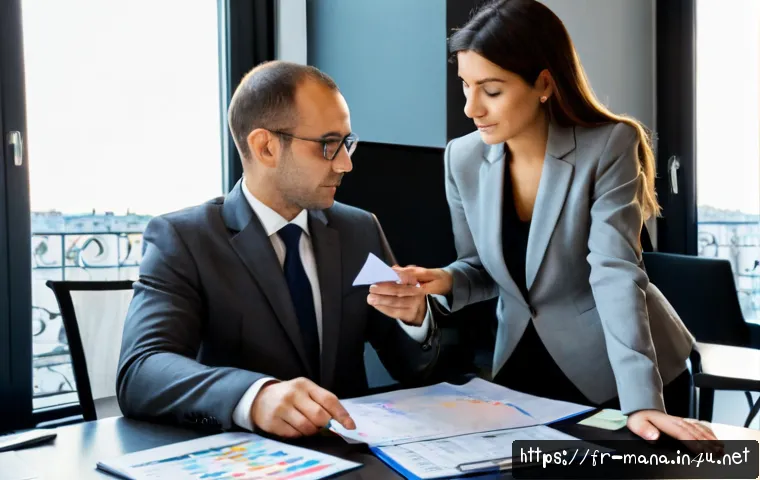 경영지도사와 경영지도사의 핵심 역량 - Photorealistic French business consultant in a tailored neutral suit guiding a small business owner ...